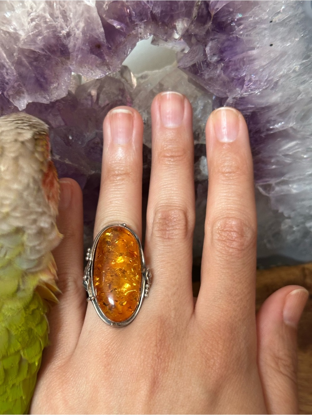 Large Vintage Sterling Silver Amber Ring, Boho